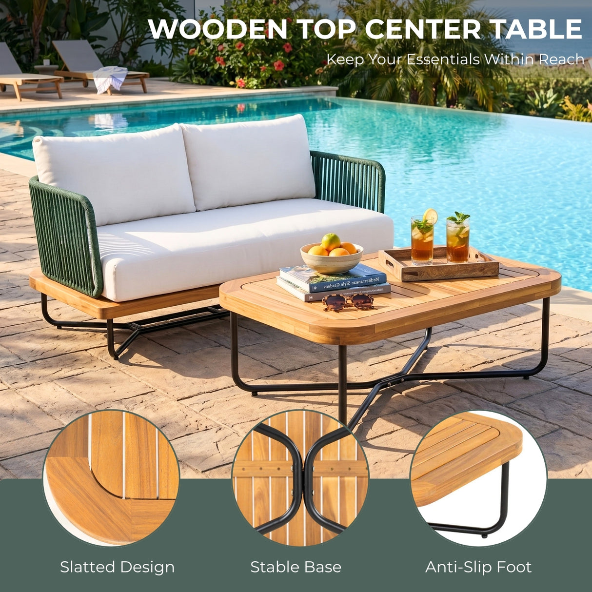 Outdoor Rope 2-Seater Sofa Set with Wooden Base & Slatted Wooden Coffee Table