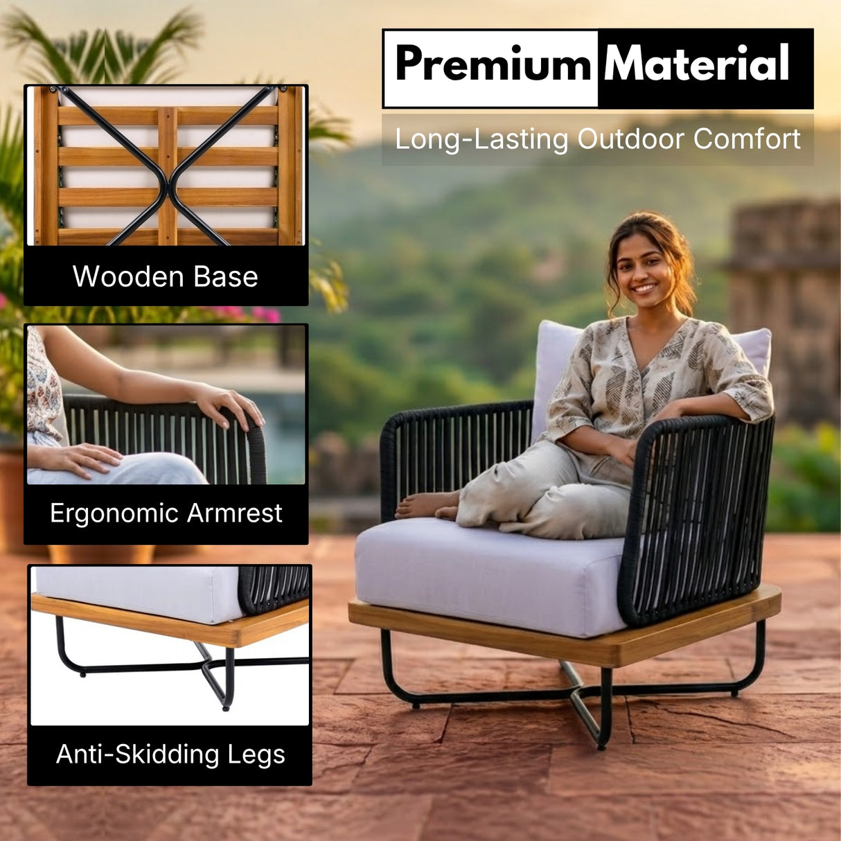 Premium All-Weather Outdoor Rope Sofa Chairs Set (Black & Off-White)