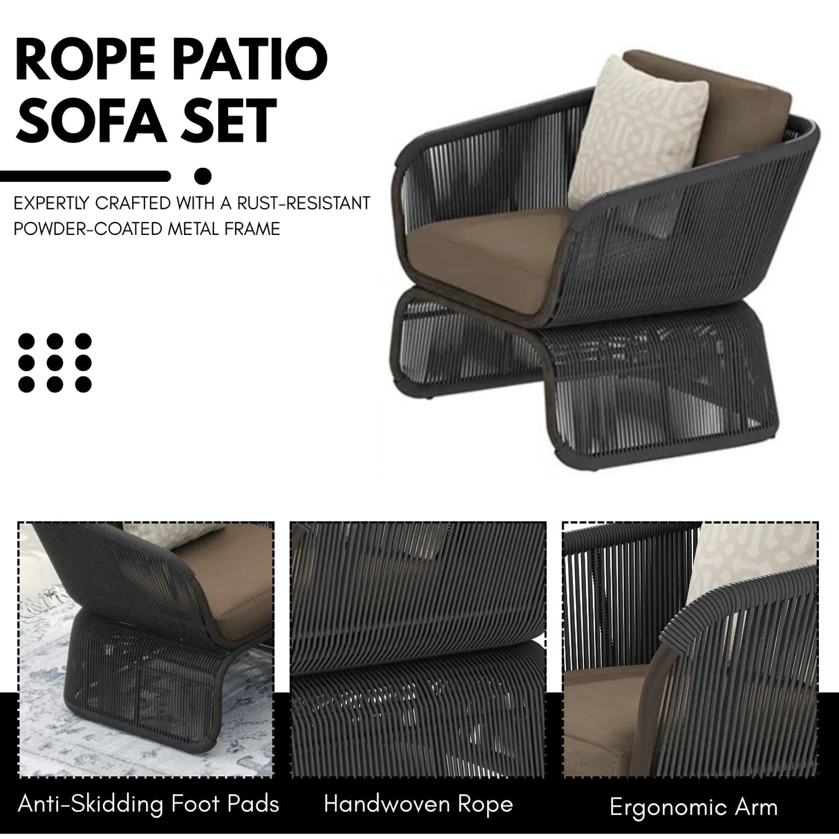 Outdoor Braided Rope Sofa Set With 2-Tier Glass Top Table