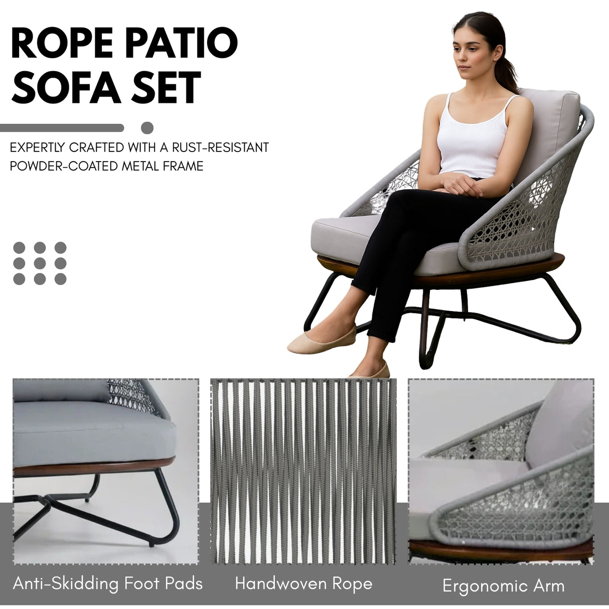 Outdoor Grey Rope 4-Piece Sofa Set With Wooden Top Table