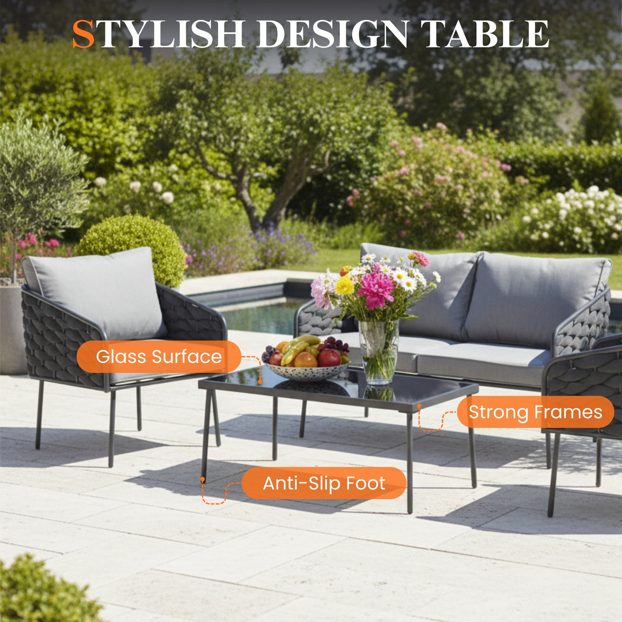 Outdoor Rope Sofa Set With Glass Top Table