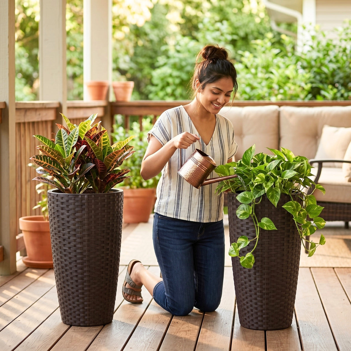 2-Piece Outdoor Wicker Planter Set (Dark Brown)