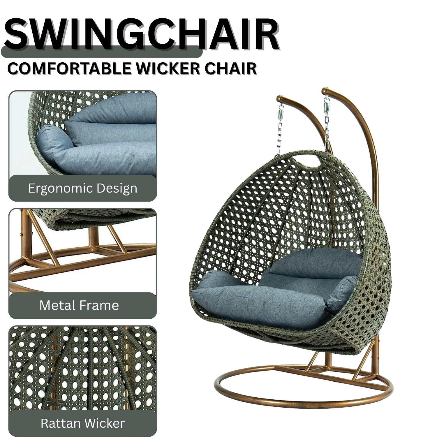 Double Seater Hanging Swing Chair (Dark Brown/Dark Grey)