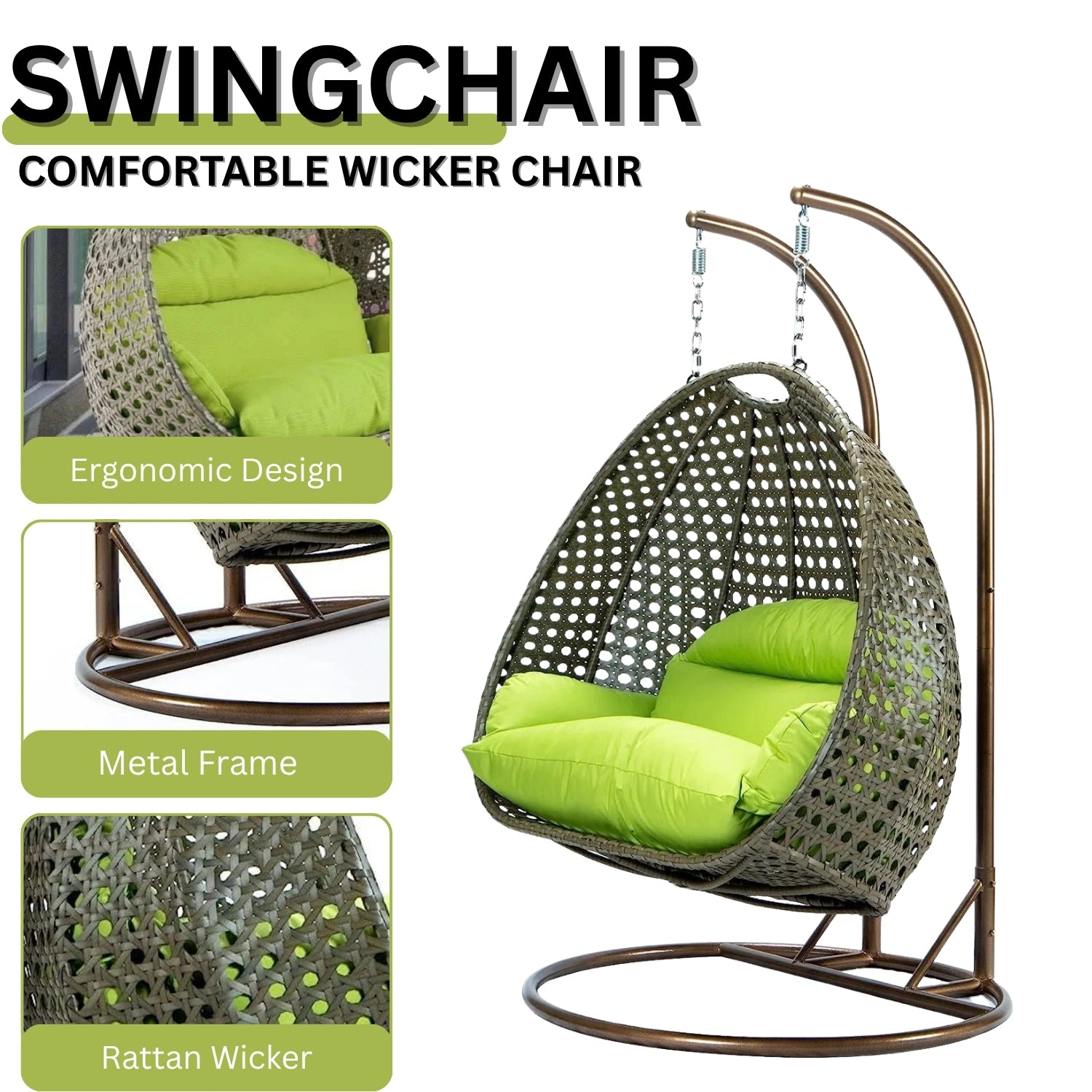 Double Seater Hanging Swing Chair (Dark Brown/Green)