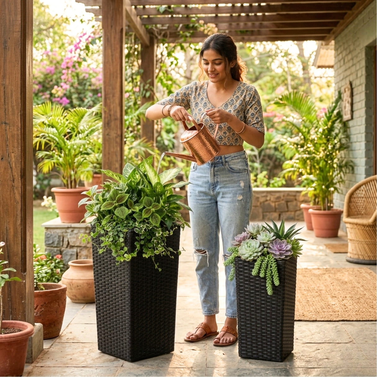 2-Piece Outdoor Rattan Wicker Tall Square Planters (Black)