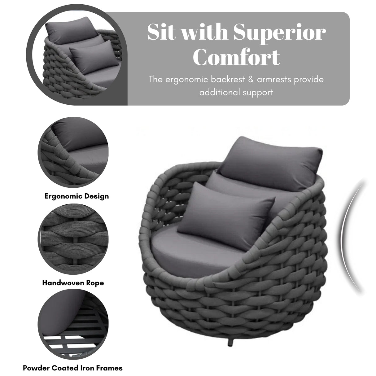 Bird’s Nest Shape 3-Piece Hand-Woven Rope Patio Set