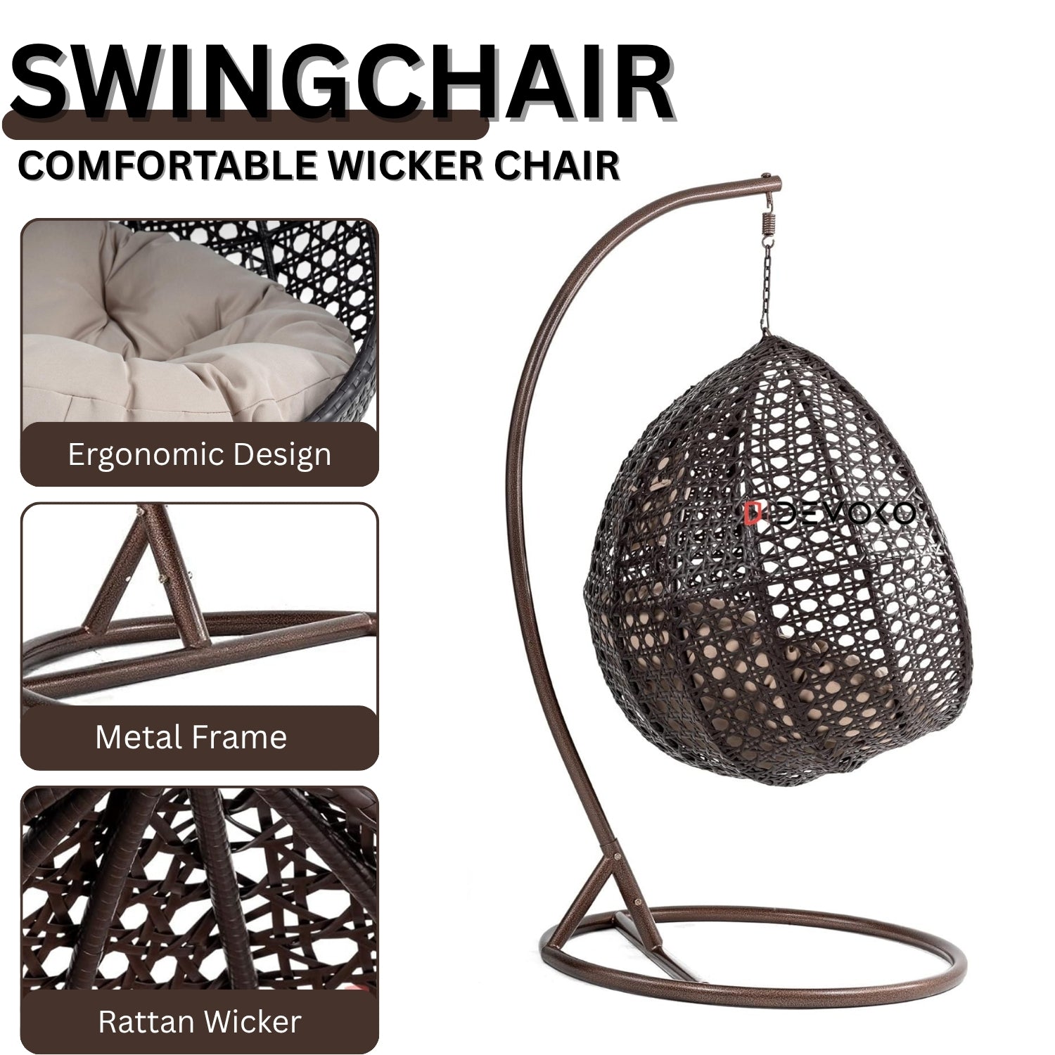 Single Seater Rattan & Wicker Swing (Dark Brown and Cream)