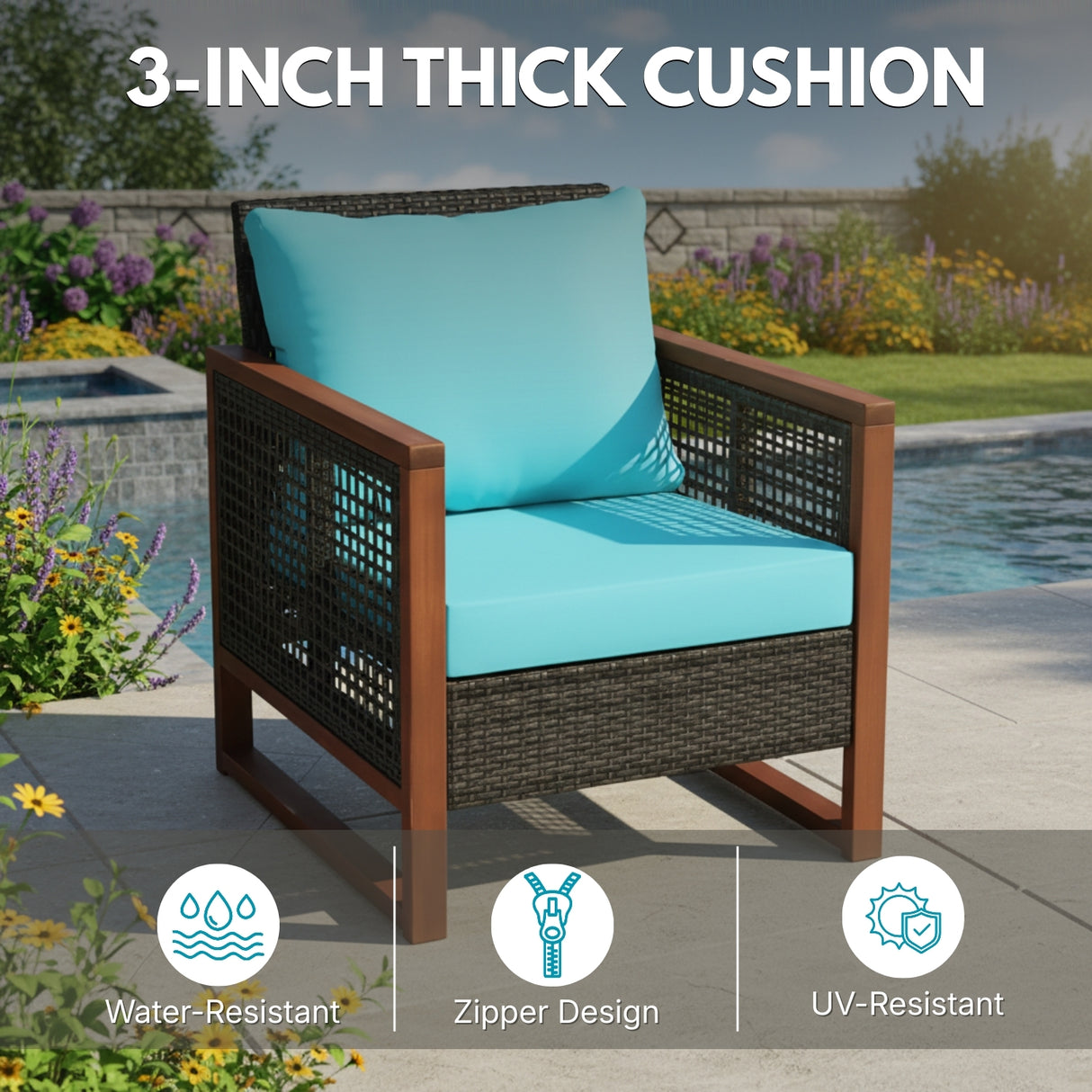 Outdoor Wicker 3-Piece Patio Furniture Set with Solid Wooden Frames (Dark Brown & Sky-Blue)