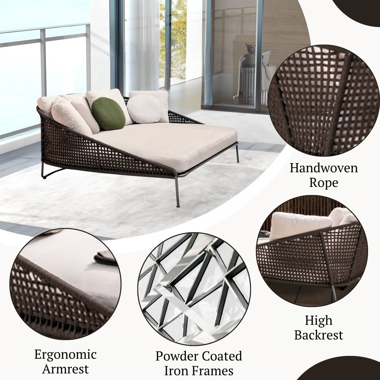 Outdoor Rope Patio Furniture Daybed (Brown and Cream)