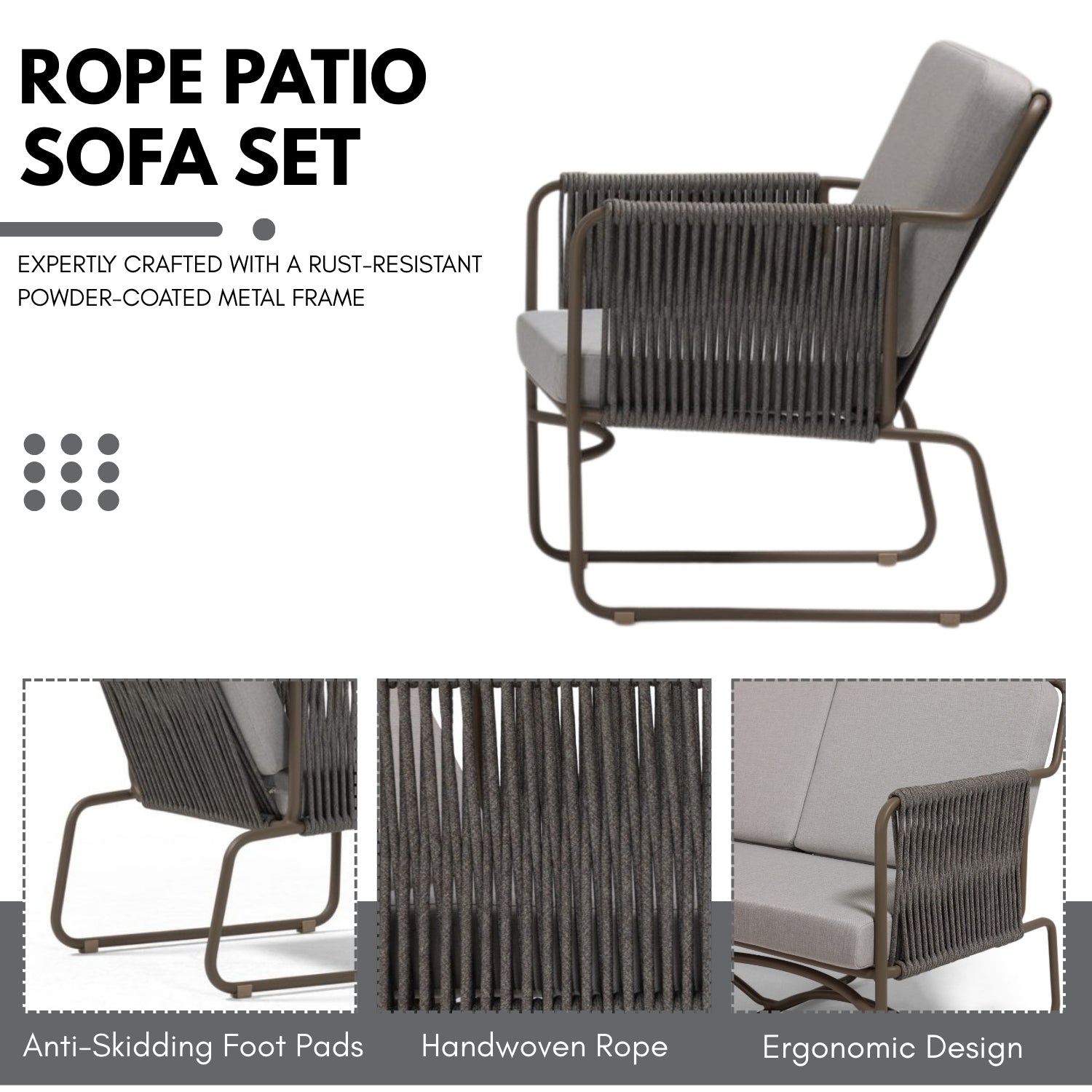 Outdoor Rope Loveseat Sofa Set With Wooden Top Table