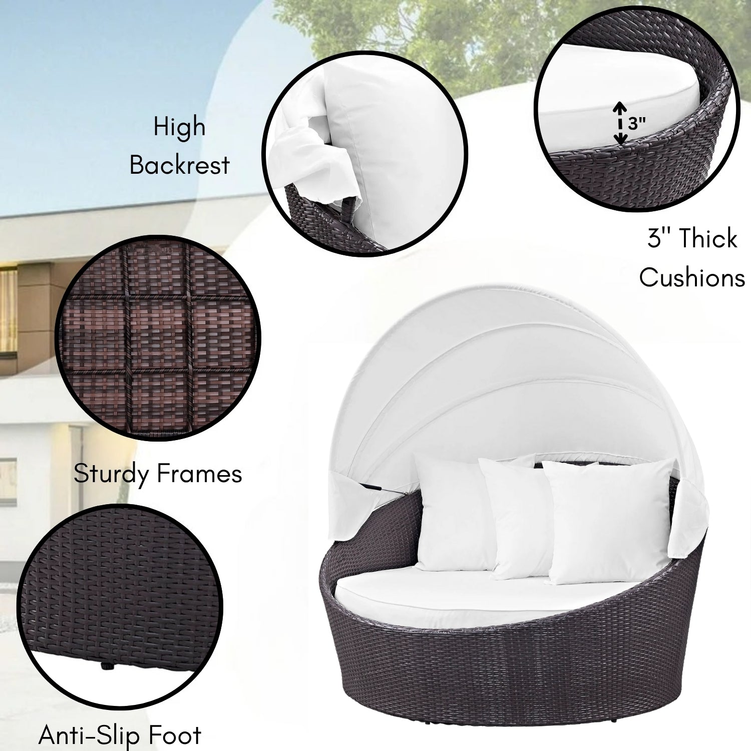 Outdoor Rattan Wicker Patio Daybed with Retractable Canopy