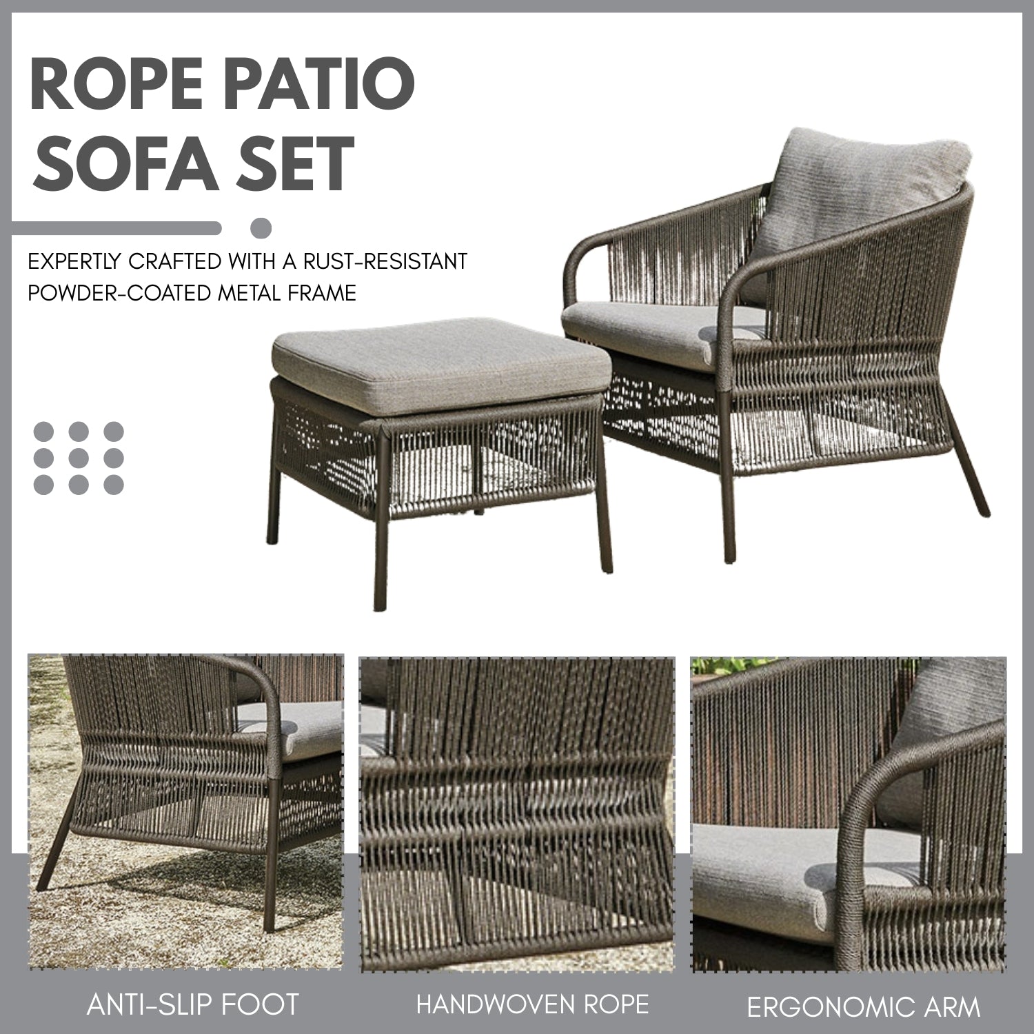 Outdoor 2 Piece Rope Patio Sofa Set (Grey)