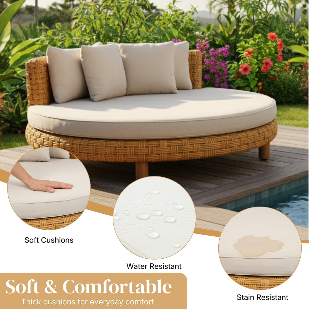 Outdoor All-Weather Rattan Wicker Round Daybed (Beige & Off-White)