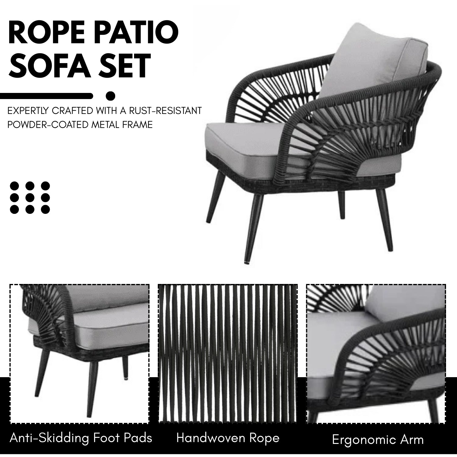 Outdoor Rope Conversation Patio Sofa Set (Black /Light Grey)