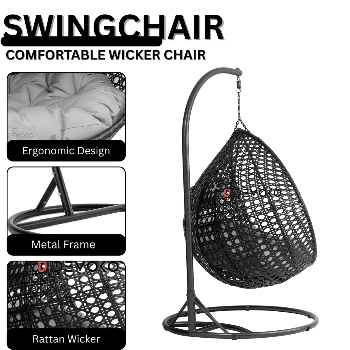 Double Seater Rattan & Wicker Swing (Black & Grey)