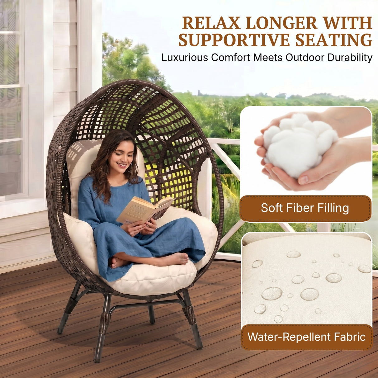 Outdoor Wicker Egg Chair with Cushions (Dark Brown)