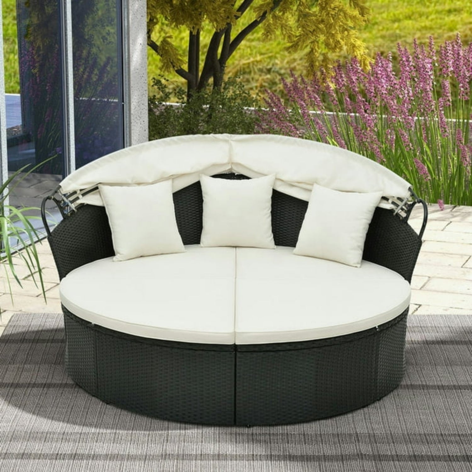 Outdoor Round Canopy Daybed Wicker Patio Furniture Set with Cushions