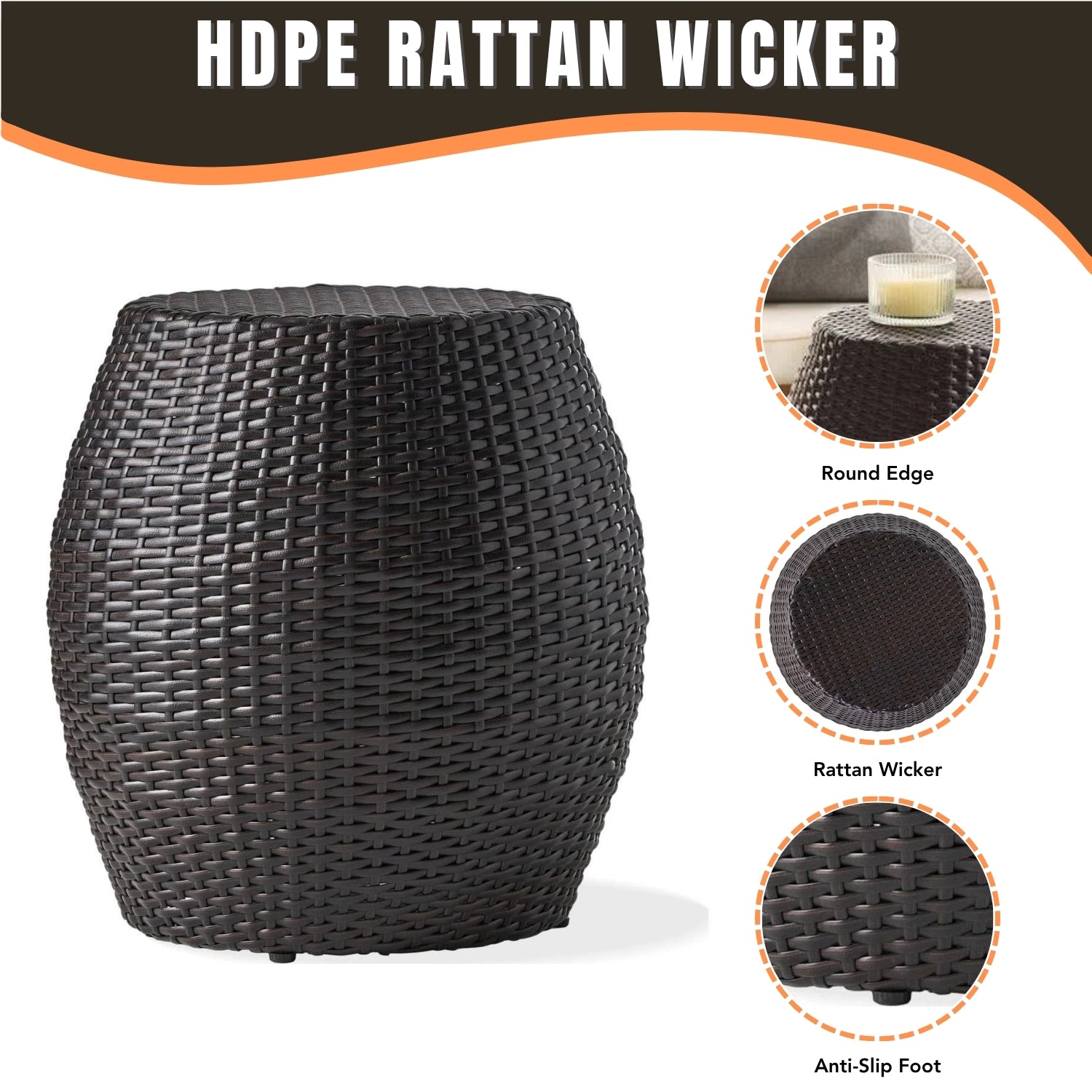 Dark Brown Rattan Damru Accent Table for Patio