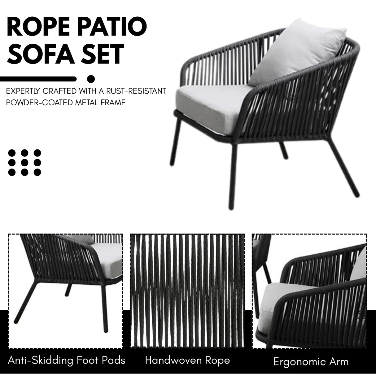 4-Piece Outdoor Rope Patio Sofa Set (Black & Grey)