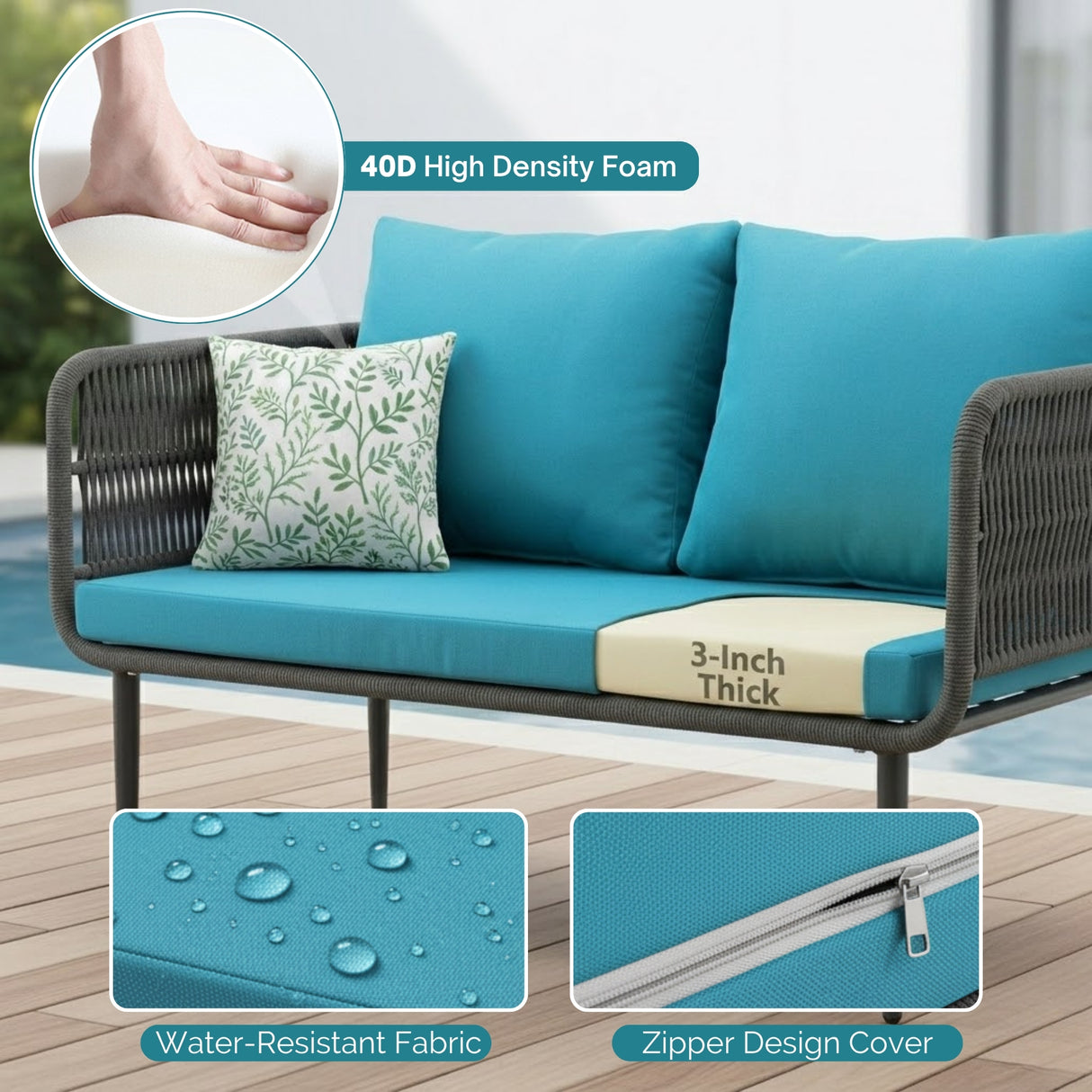Outdoor Rope 4 Seater Conversation Furniture Set (Grey & Sky-Blue)