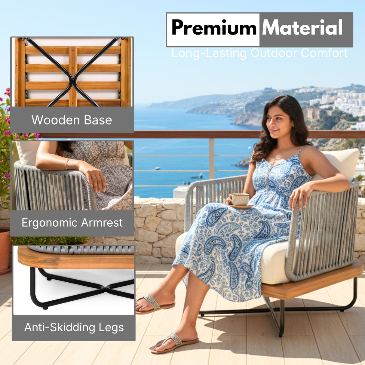 Outdoor Rope Sofa with Wooden Base (Grey & Cream)