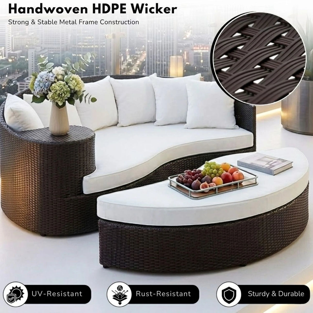 Outdoor Rattan Wicker Daybed (Dark Brown & White)