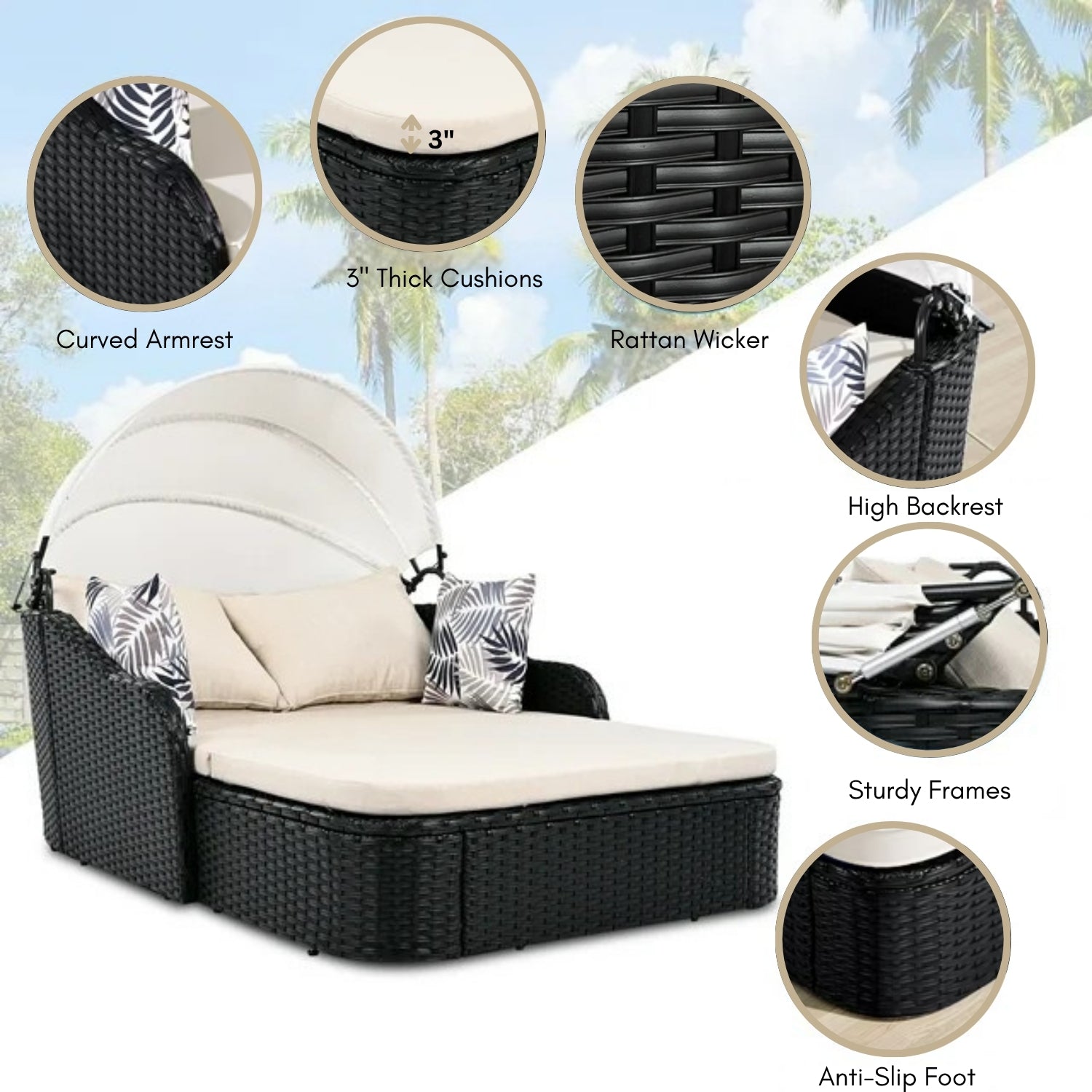 Outdoor Rattan Wicker Double Seater Canopy Daybed