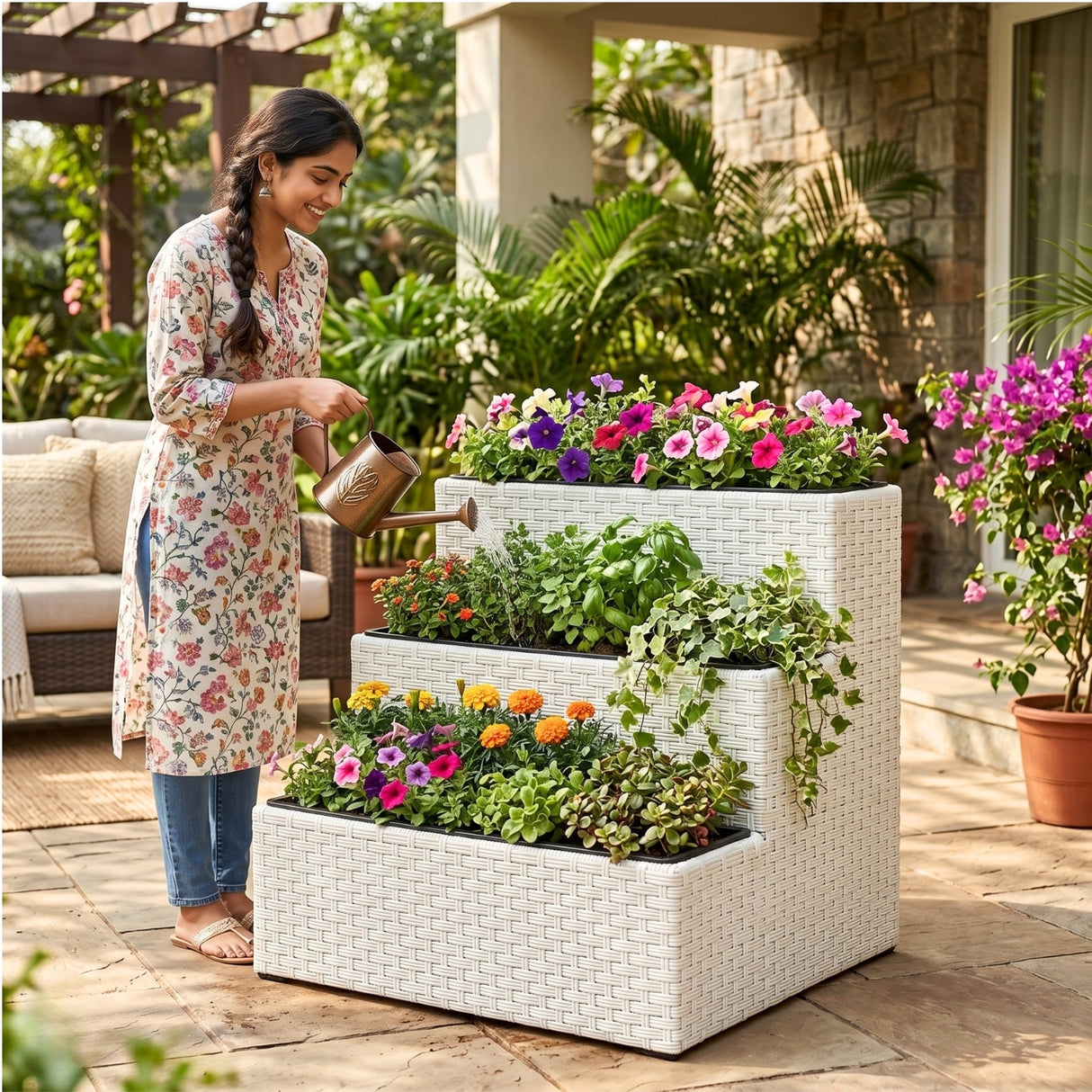 Outdoor 3-Tier Wicker Raised Planter Stand (White)