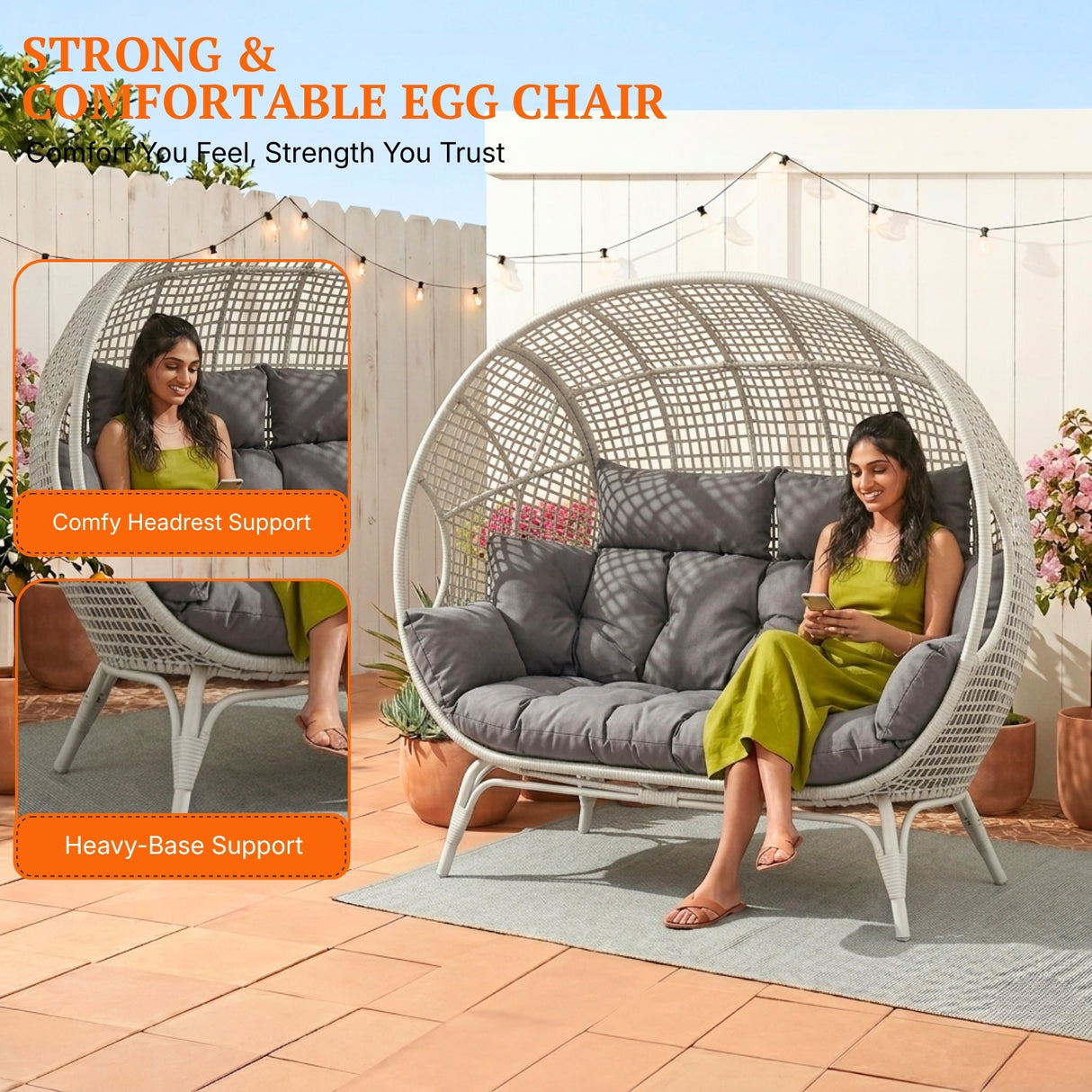 Outdoor Rattan Wicker Double Seater Egg Chair (White & Grey)