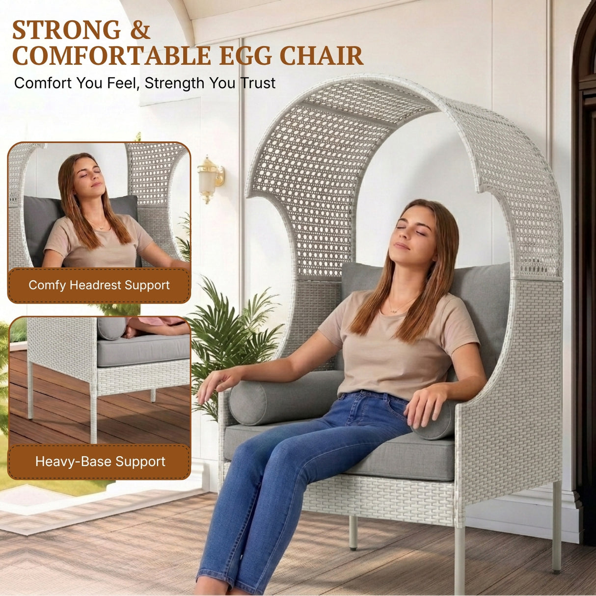Outdoor Wicker Canopy Egg Chair with Cushions (White & Grey)