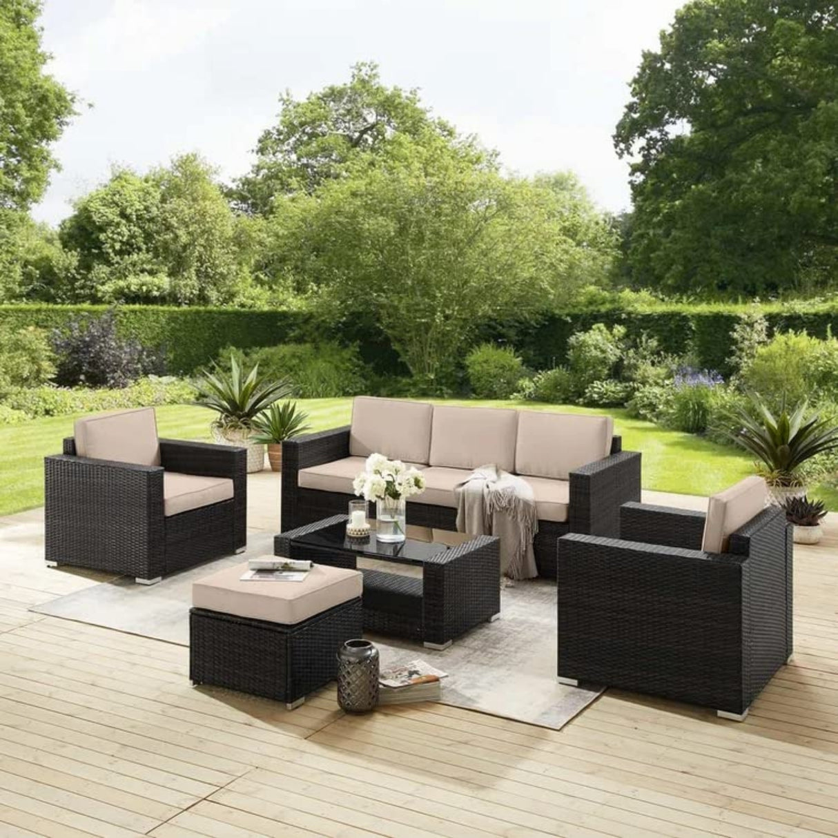 Outdoor 5 Piece HDPE Wicker Conversation Sofa Set