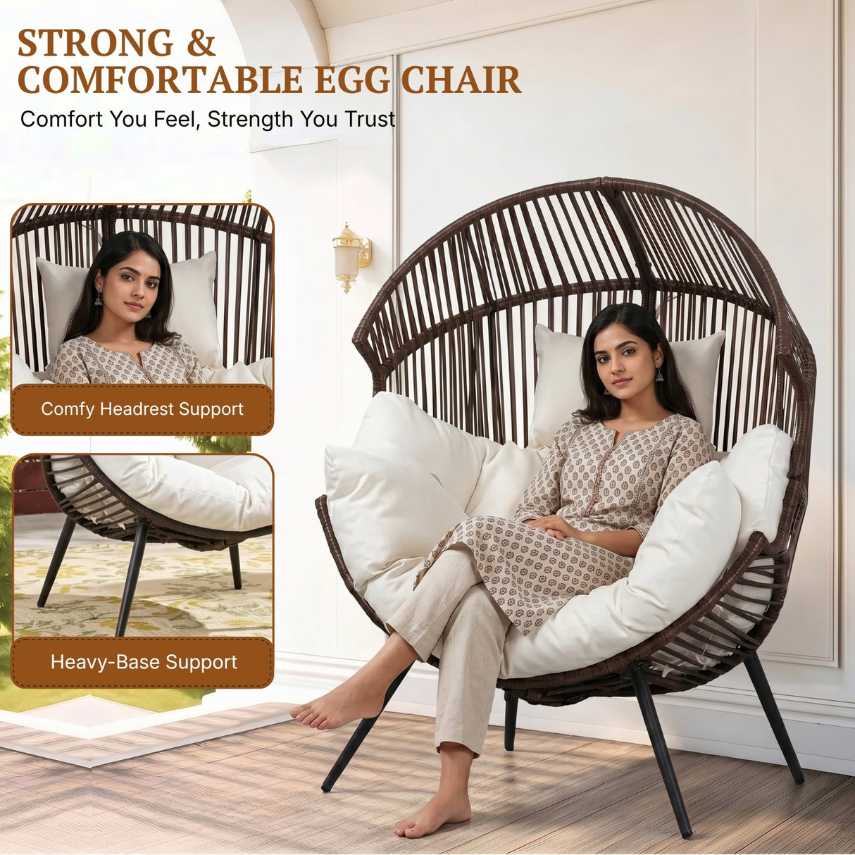 Outdoor Wicker Egg Chair with Plush Cushions (Dark Brown& Off-White)