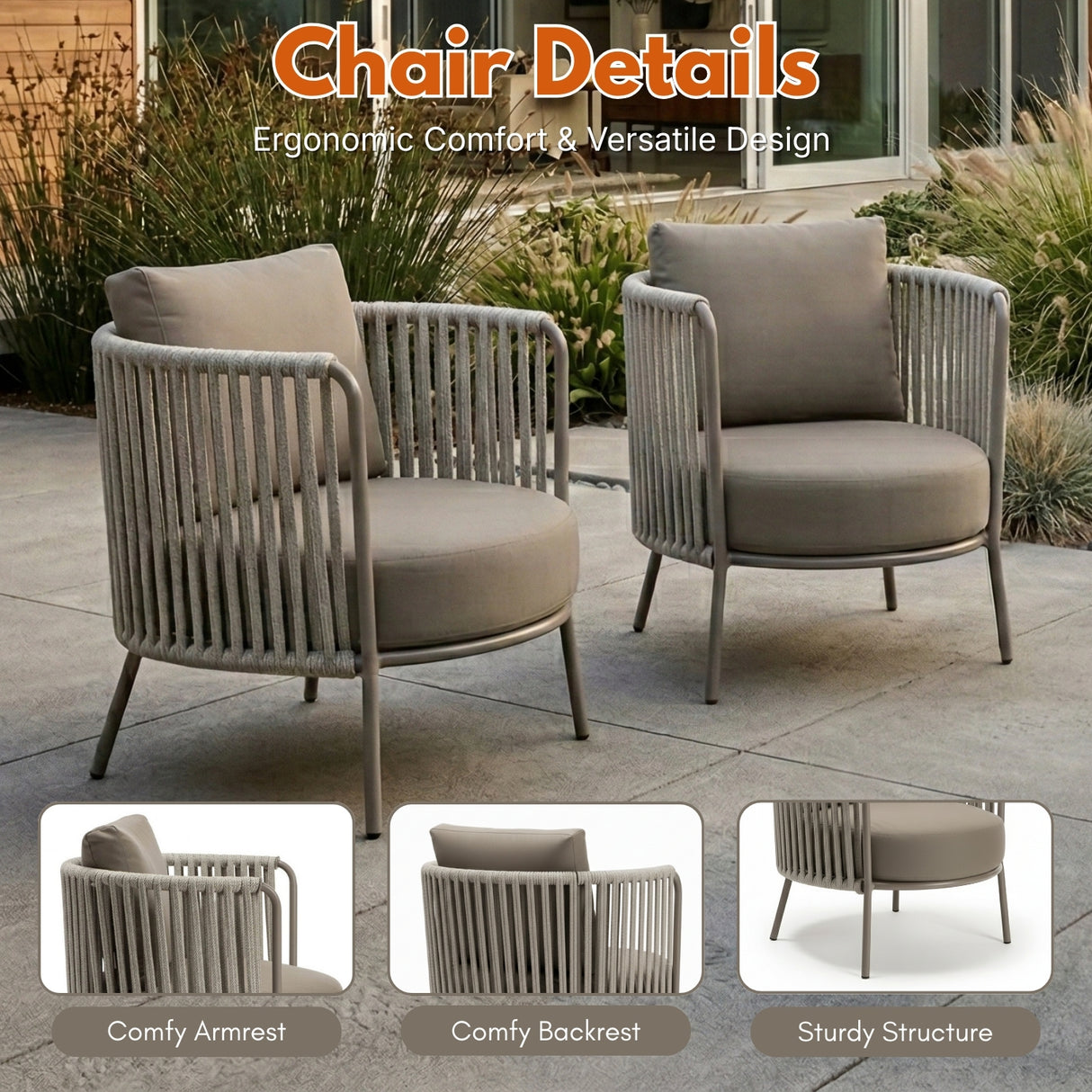 2-Piece Outdoor Rope Sofa Chairs (Grey)