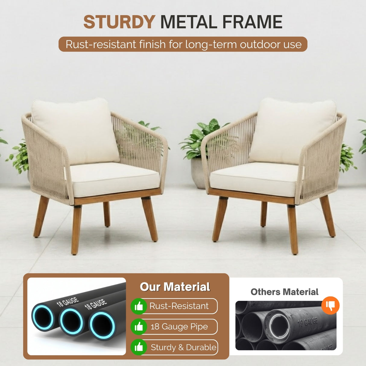 Outdoor Rope 4-Piece Patio Sofa Set with Wooden Legs & Coffee Table (Platinum & Off-White)