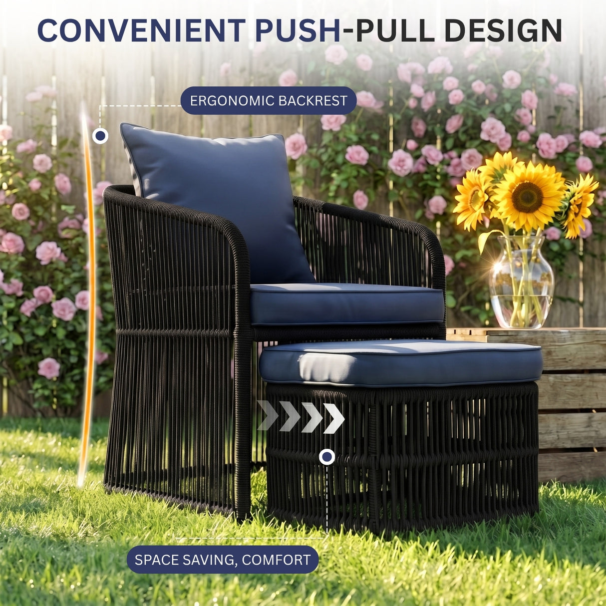 Outdoor 5 Piece Rope Patio Chair Ottoman Set (Black & Navy-Blue)