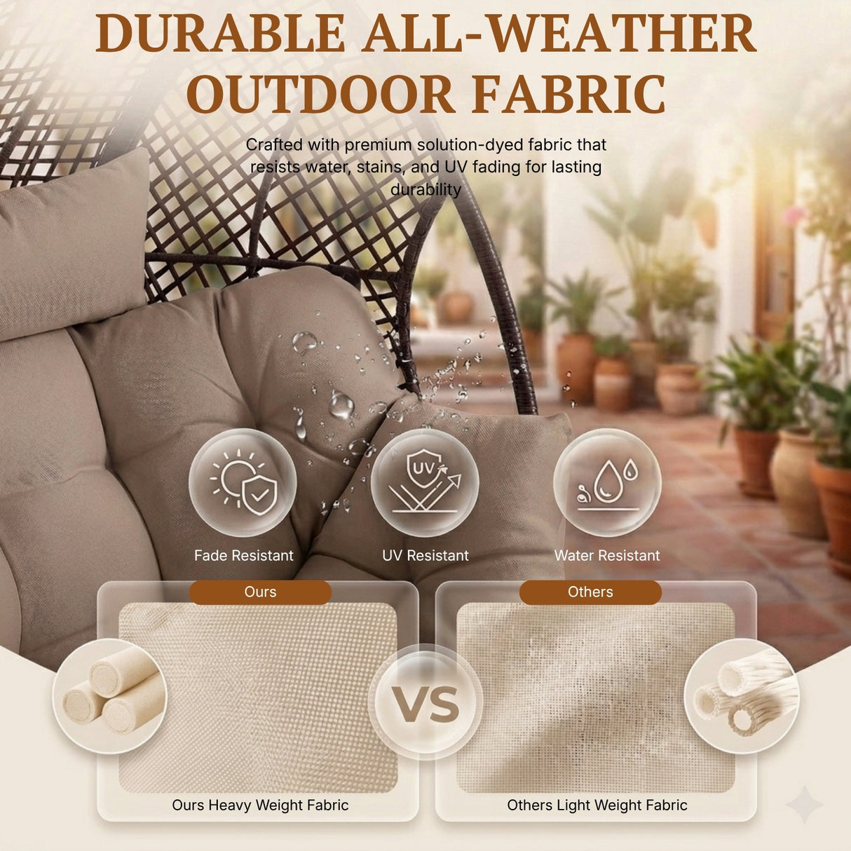 4-Piece Outdoor Wicker Egg Chair Set with Ottomans (Dark Brown & Cream)