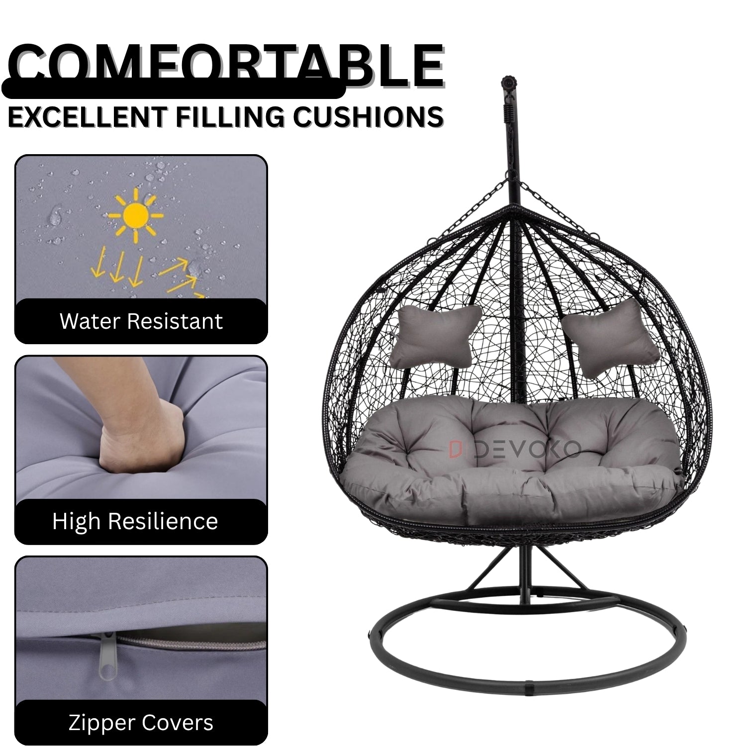 Double Seater Rattan & Wicker Swing (Black & Grey)