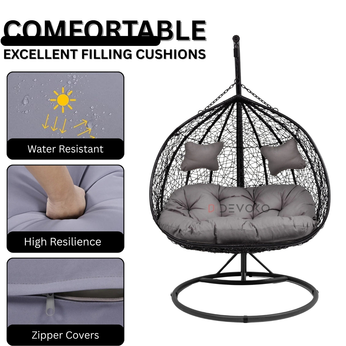 Double Seater Rattan & Wicker Swing (Black & Grey)