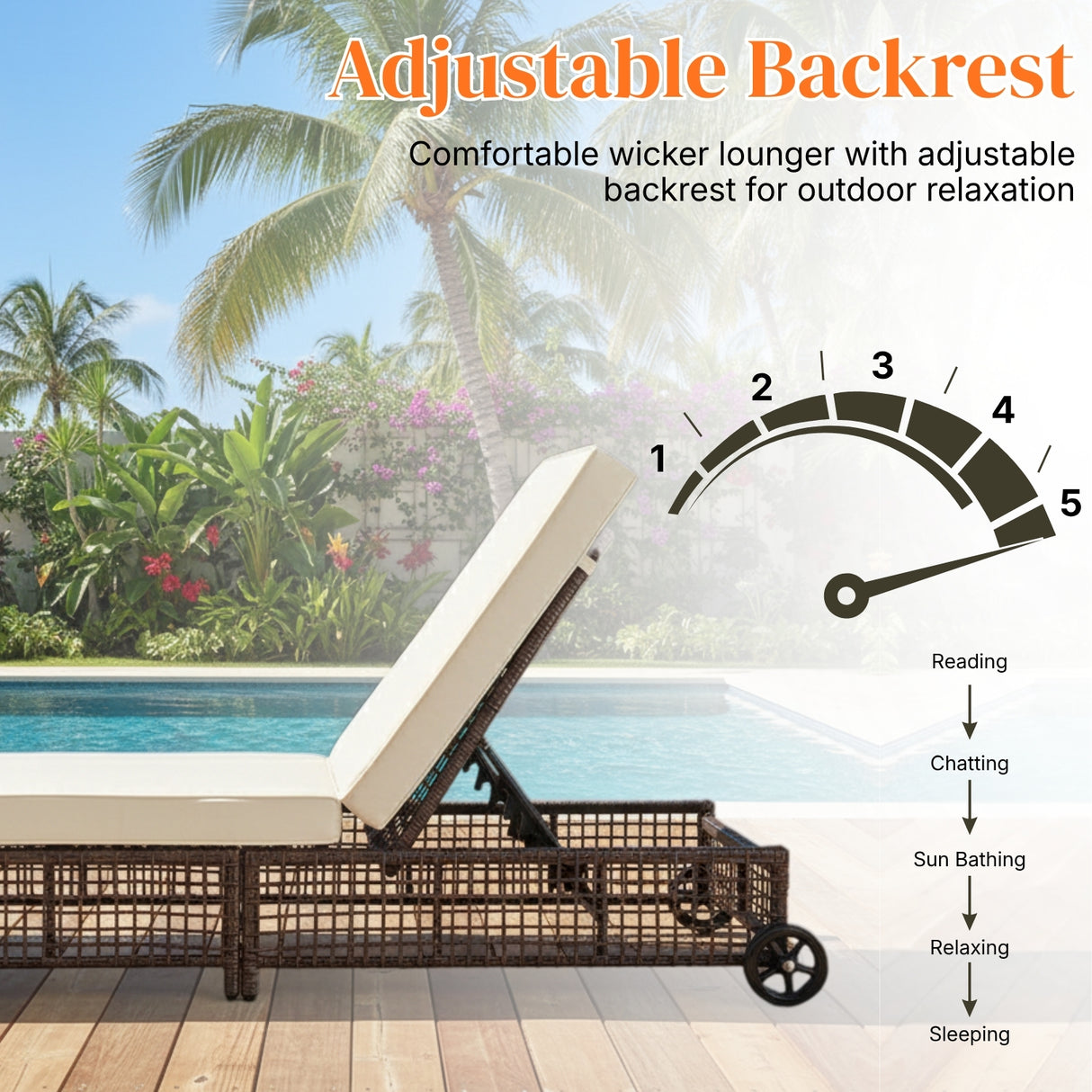 Outdoor Wicker Rattan Lounger Set of 2 with Patio Umbrella (Dark Brown & Off-White)