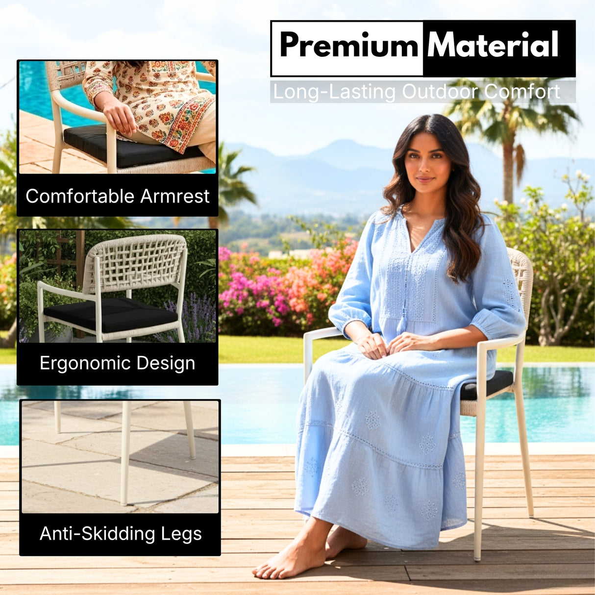Outdoor Rope Dining Chair with Cushion (Platinum & Black)