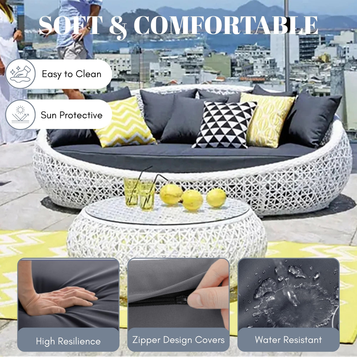 Outdoor White Rattan Wicker Daybed with Glass Top Table