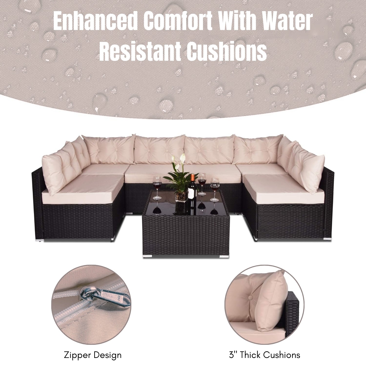 6-Seater Outdoor Garden Conversation Sofa Set (Dark Brown & Cream)