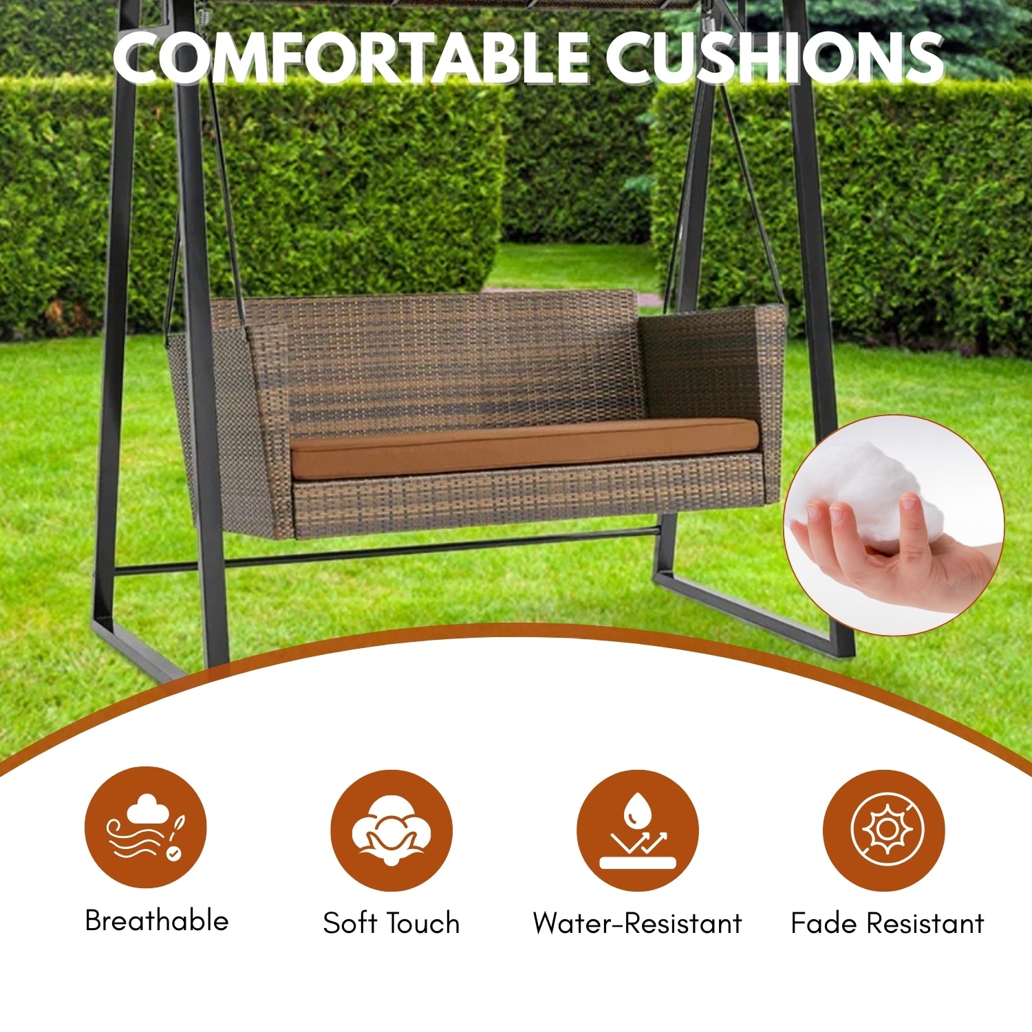 All Weather Wicker 2-Seat Patio Swing Chair with Shade & Cushions