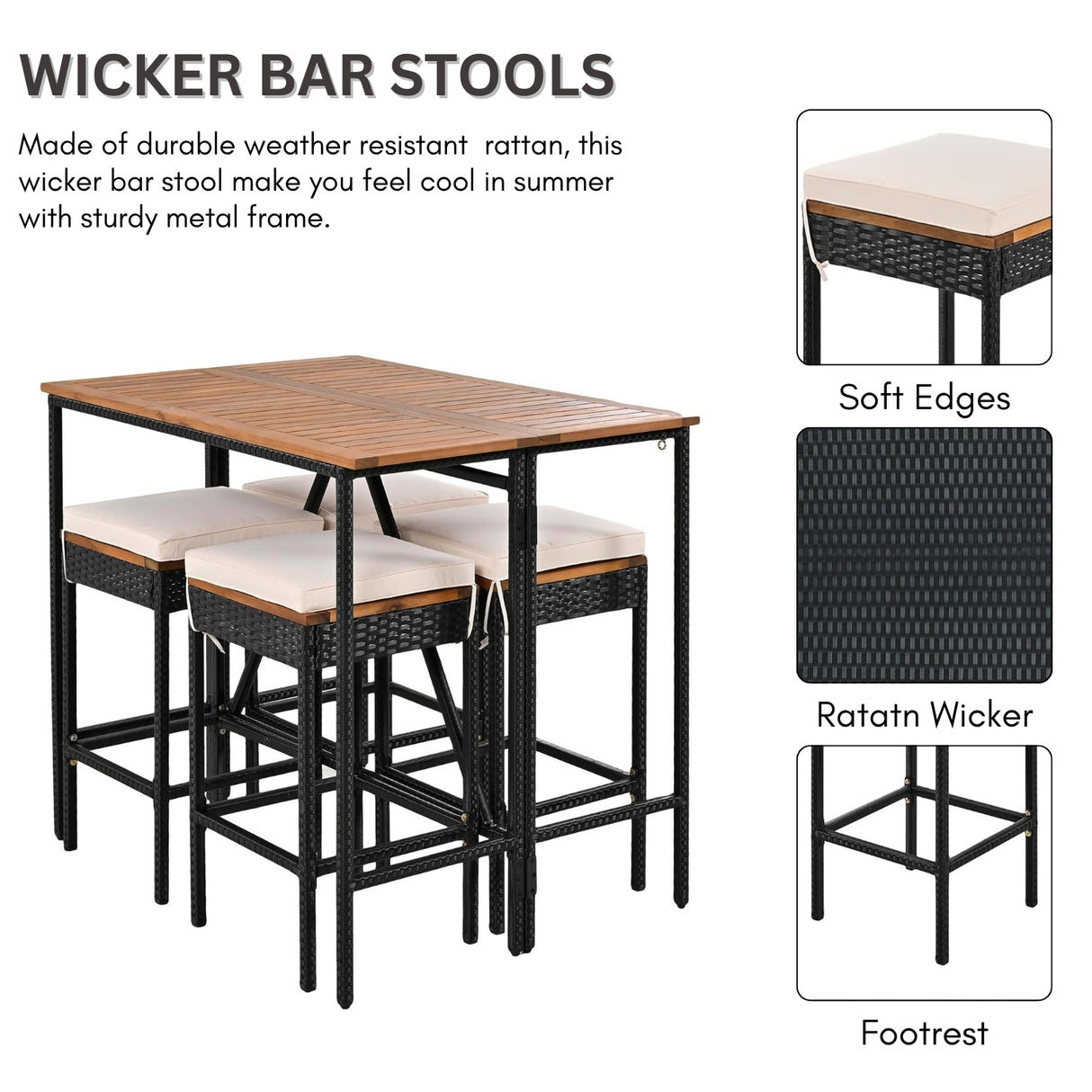 5-Piece Outdoor Rattan Wicker Bar Set with Wooden Top Table
