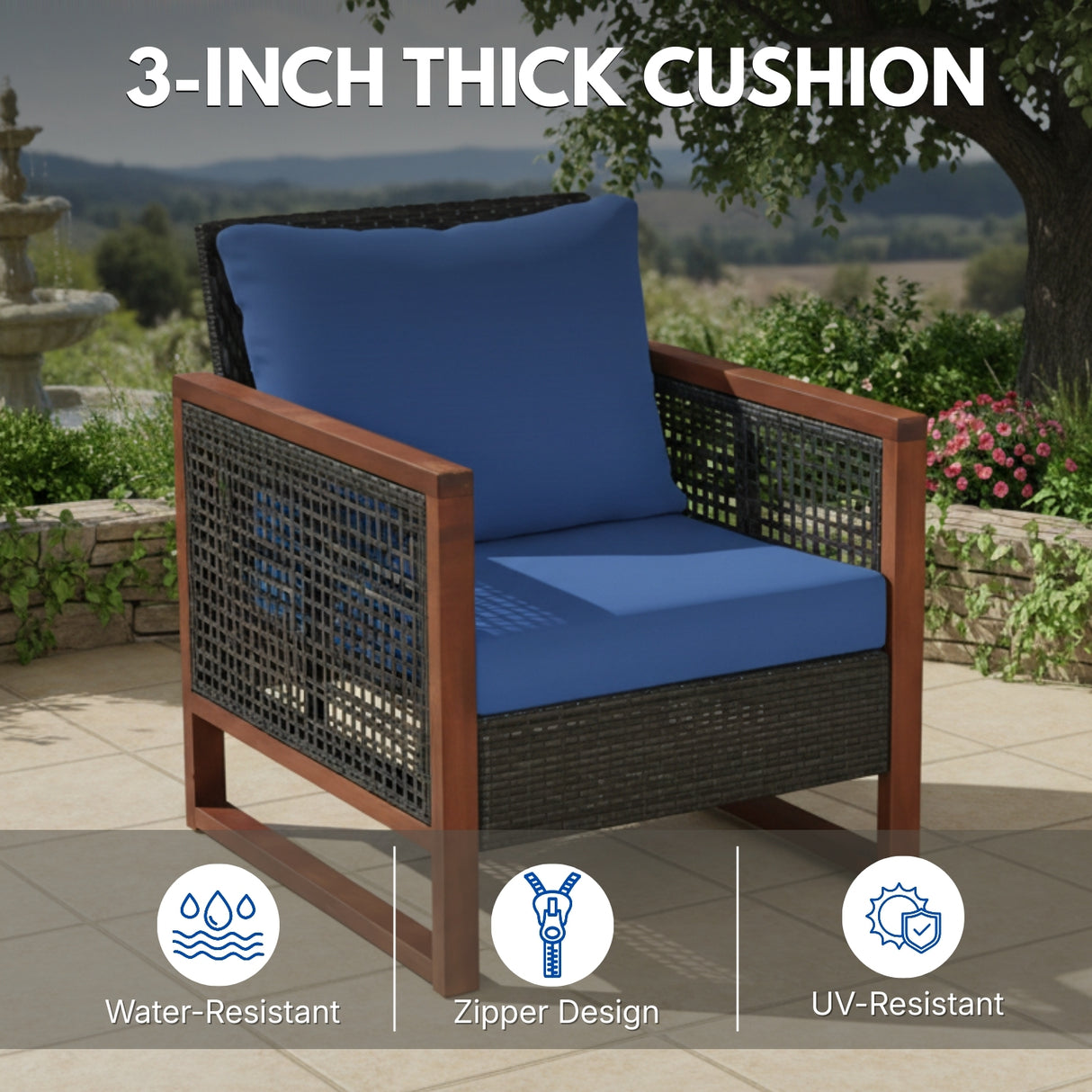 Outdoor Wicker 3-Piece Patio Furniture Set with Solid Wooden Frames (Dark Brown & Blue)