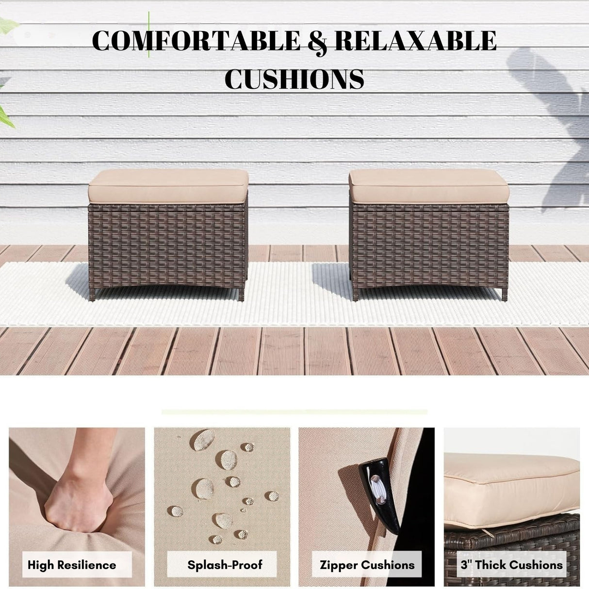 Set of 2 Outdoor Rattan Wicker Ottomans