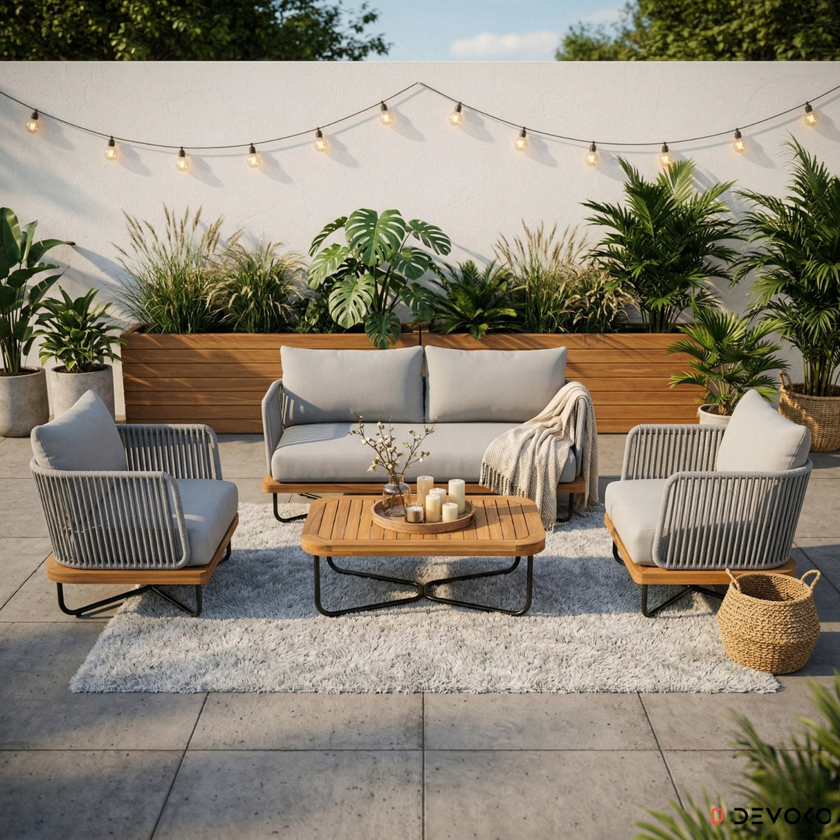 Outdoor 4-Piece Rope Woven Conversation Sofa Set with Wooden Top Table