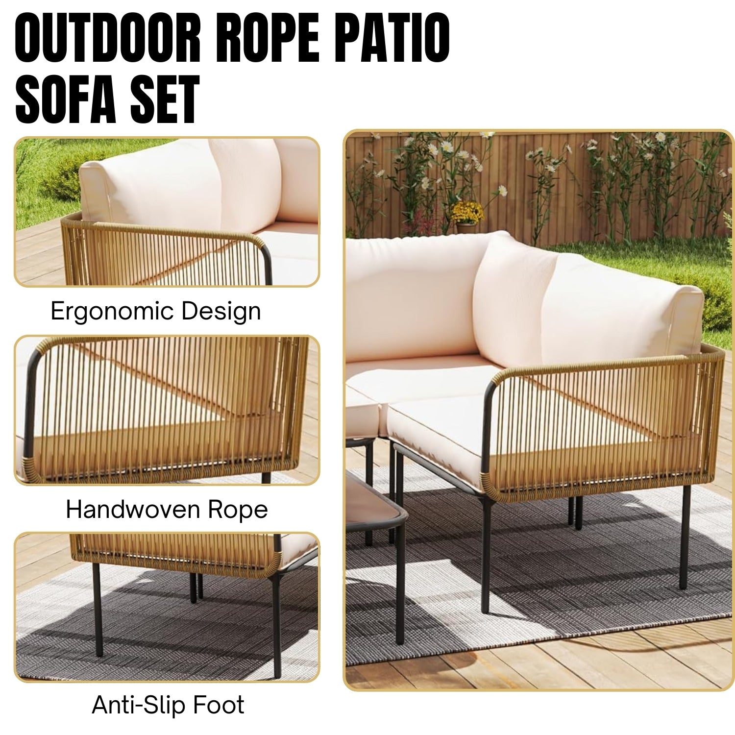 L-Shaped Rope Woven Outdoor Sofa Set (Beige & Cream)