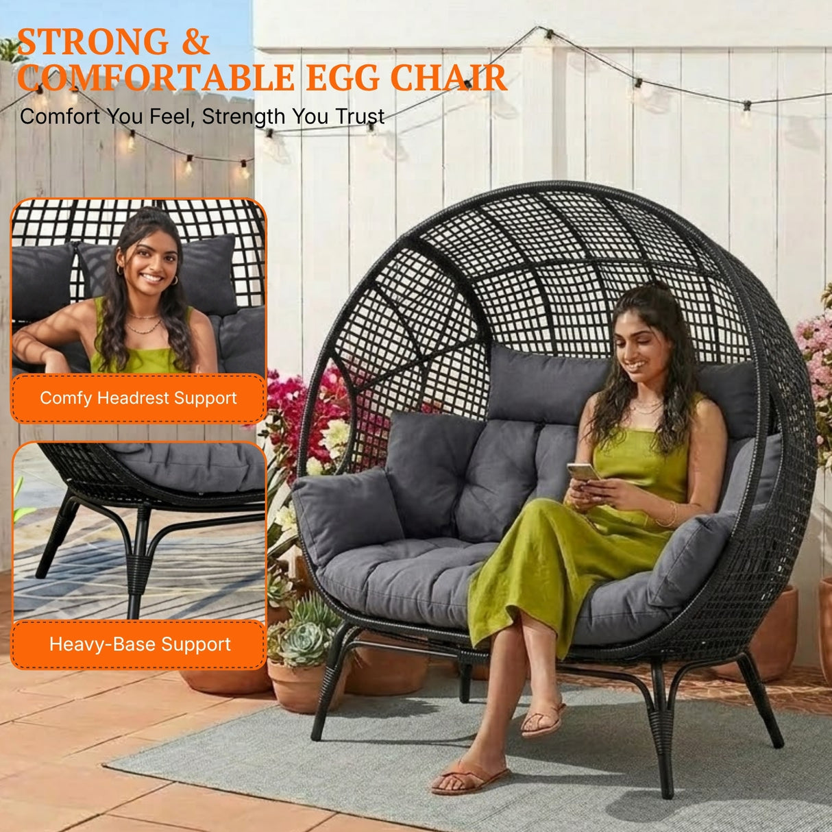 Outdoor Rattan Wicker Double Seater Egg Chair (Black & Dark Grey)