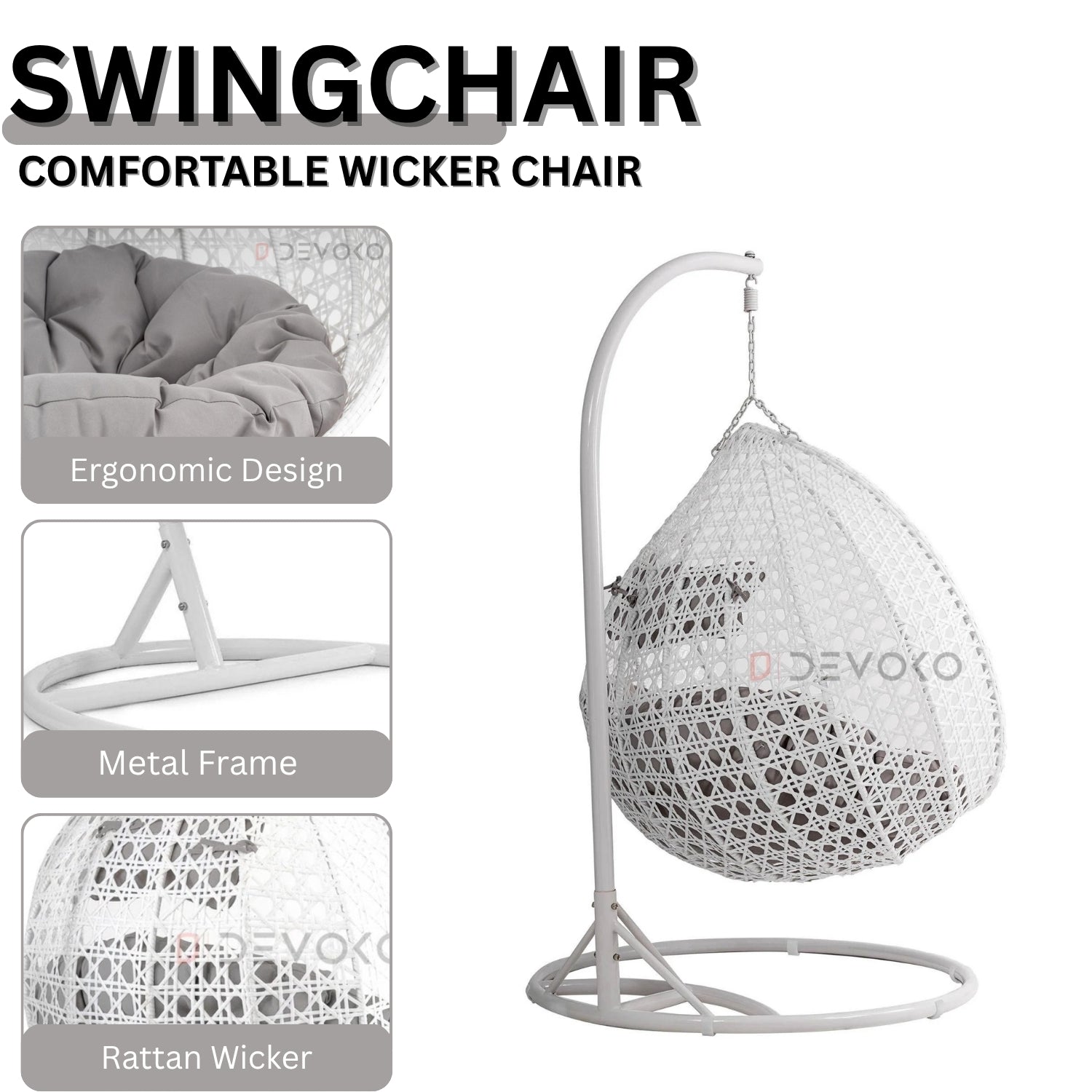 Double Seater Rattan & Wicker Swing (White & Grey)